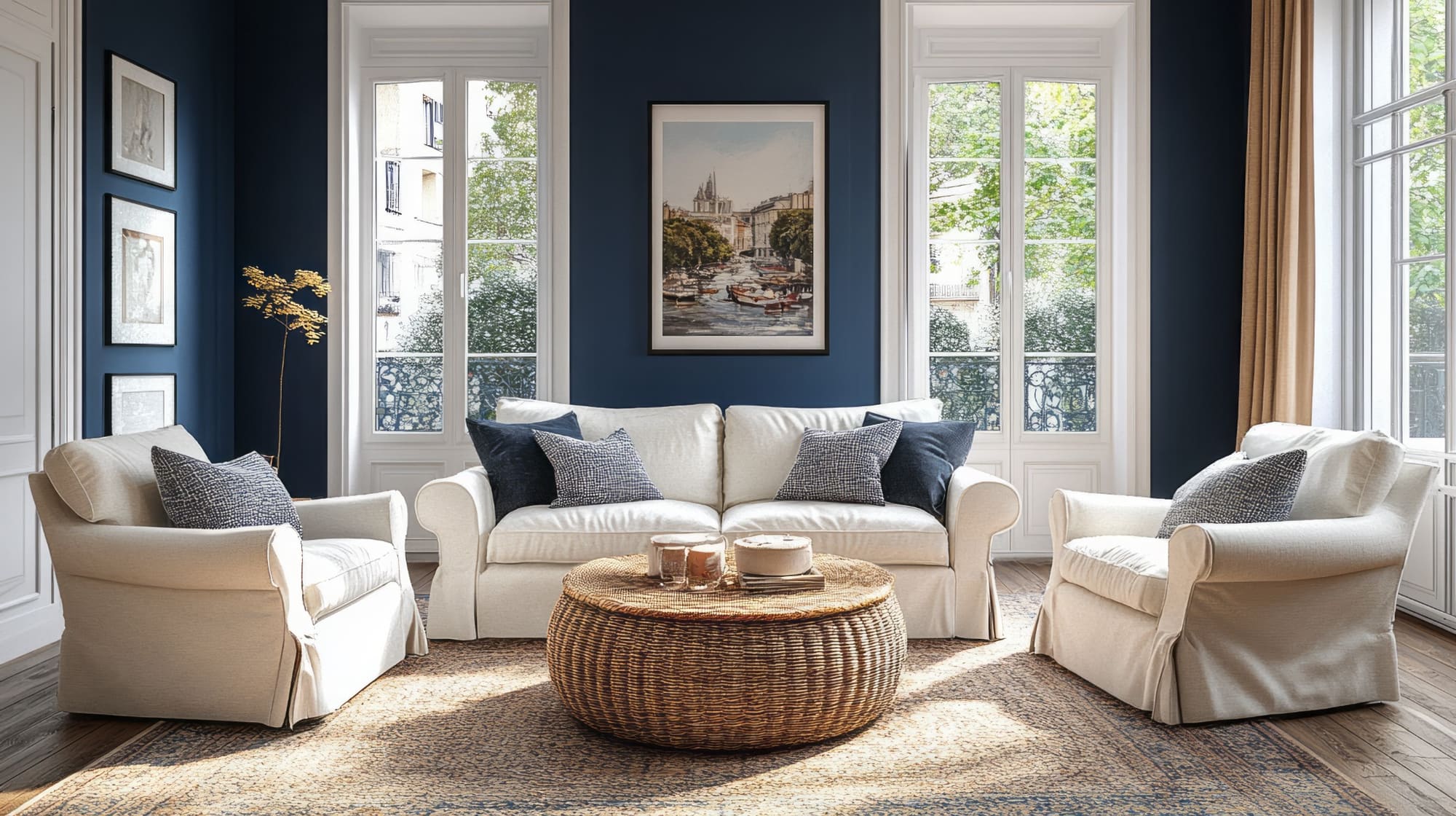 Living room with deep blue walls, white trim, and cream seating