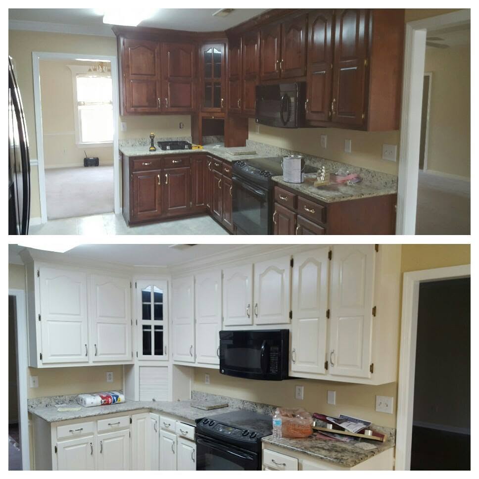 Kitchen cabinet refresh, project comparison supplied by Pope's Painting