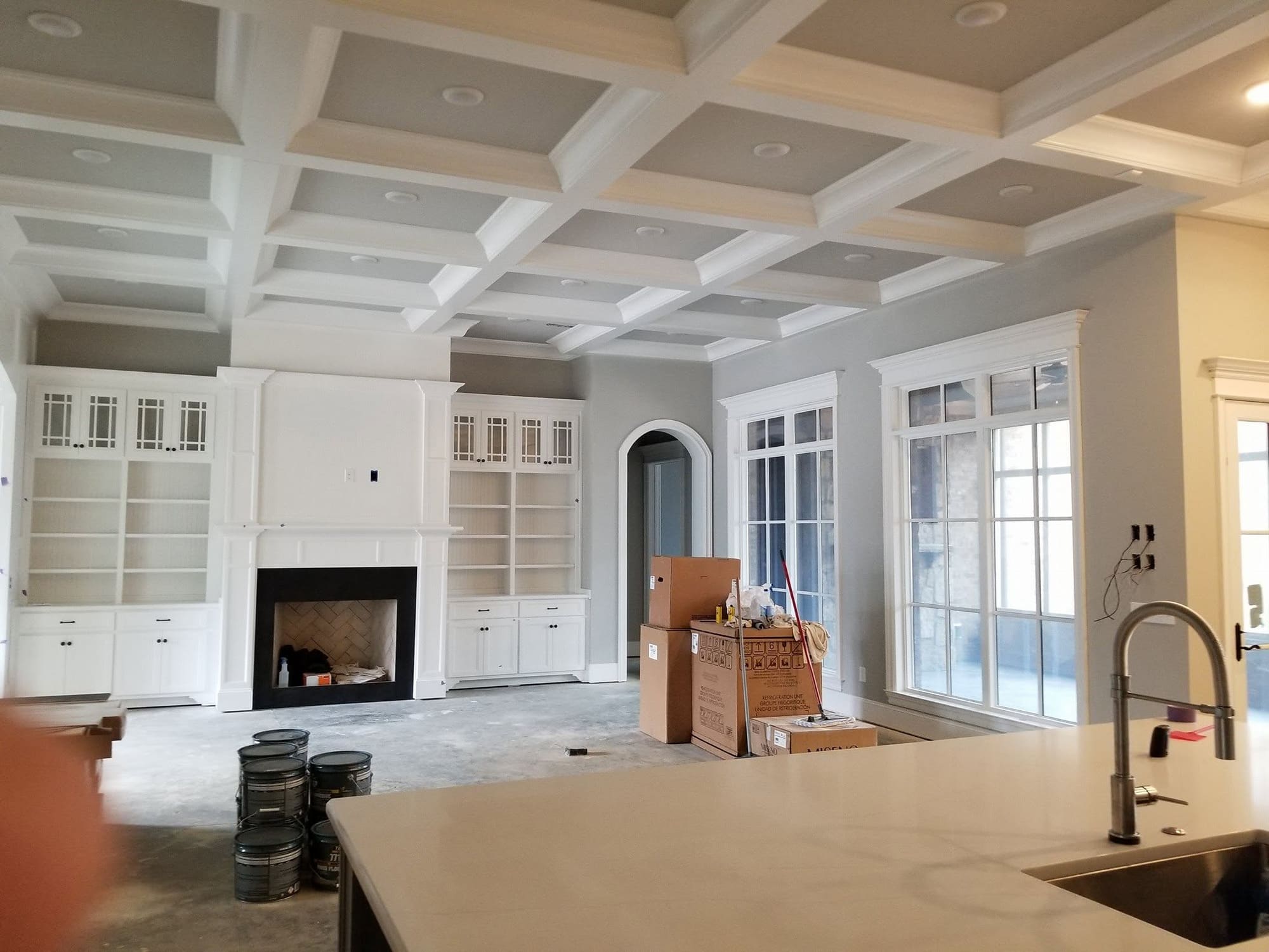 Coffered ceiling and built-ins, project photo supplied by Pope's Painting