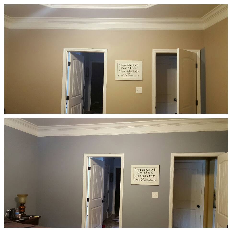Interior wall color comparison, project comparison supplied by Pope's Painting