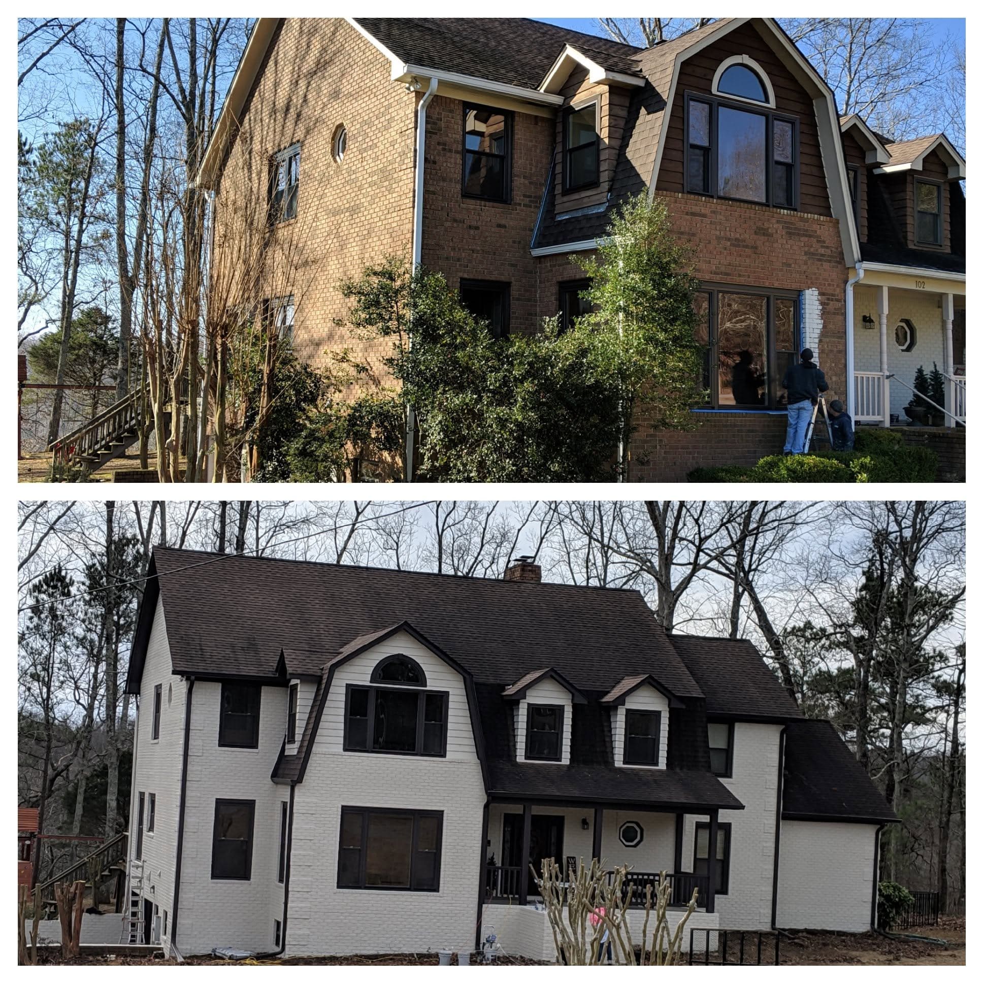 Two-story exterior transformation, project comparison supplied by Pope's Painting