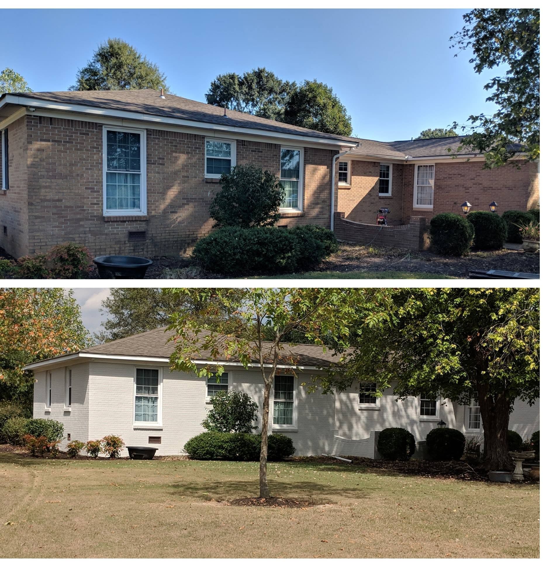 Brick home exterior refresh, project comparison supplied by Pope's Painting
