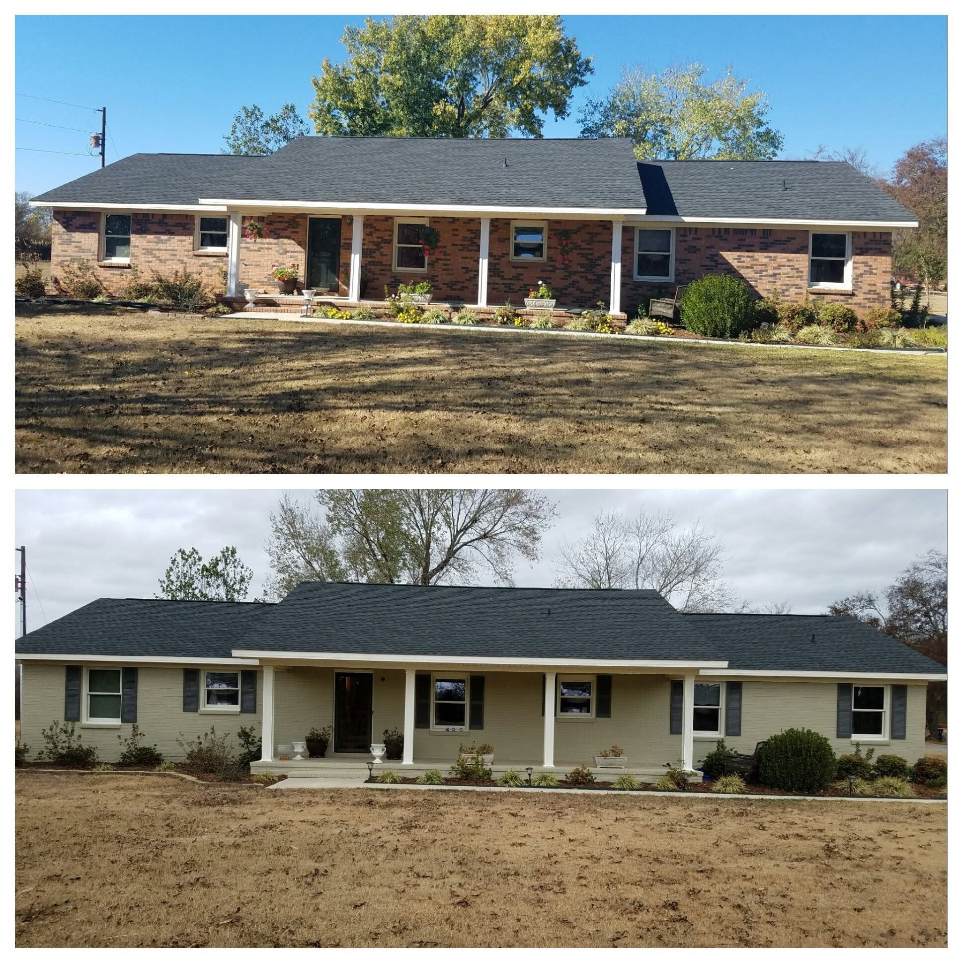 Ranch home exterior transformation, combined project comparison supplied by Pope's Painting