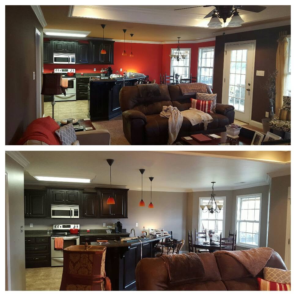 Open living space refresh, combined project comparison supplied by Pope's Painting