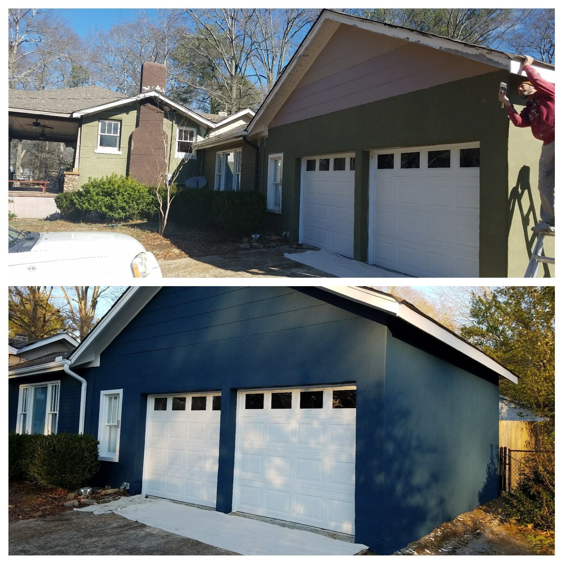 Garage exterior color transformation, combined project comparison supplied by Pope's Painting
