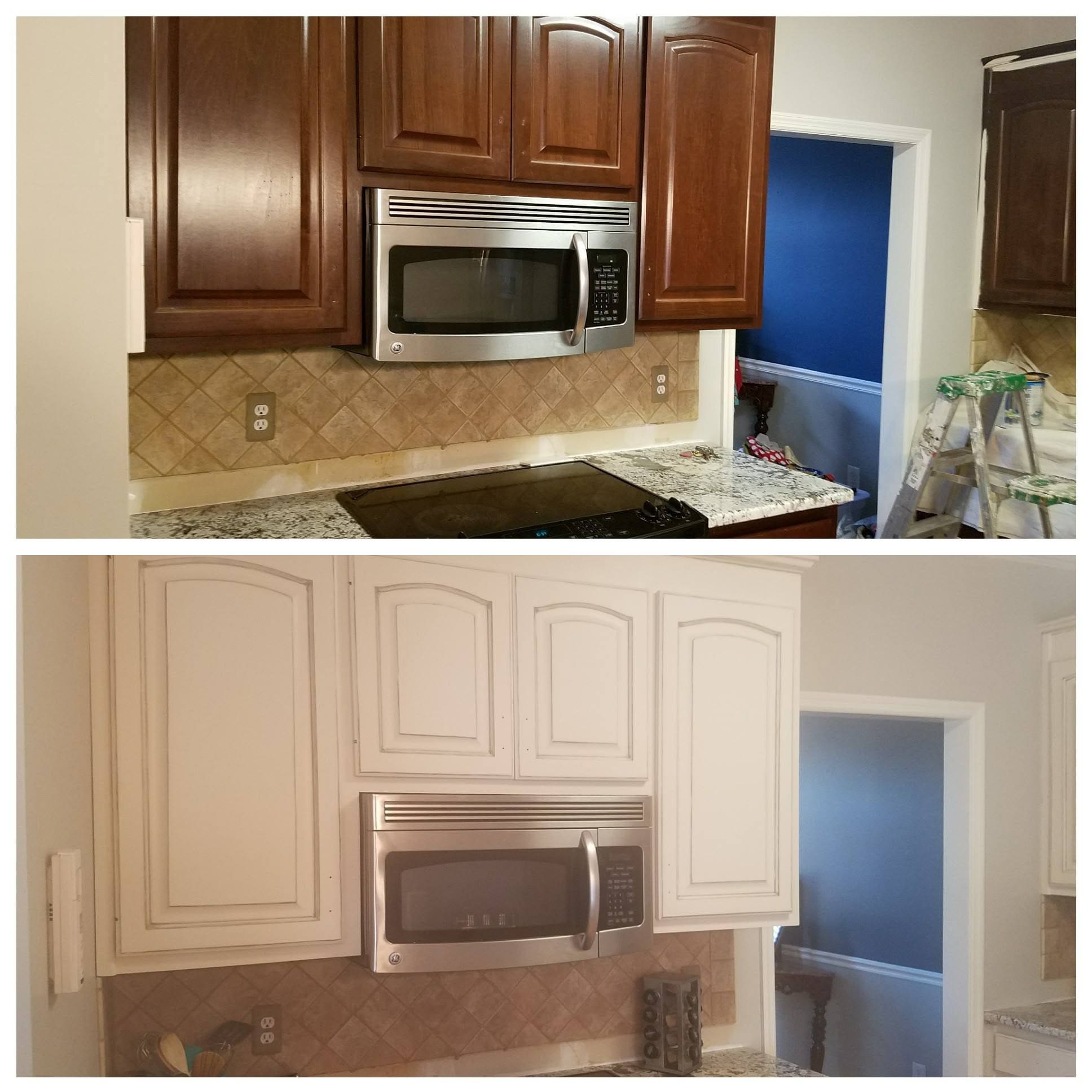 Upper kitchen cabinet transformation, combined project comparison supplied by Pope's Painting