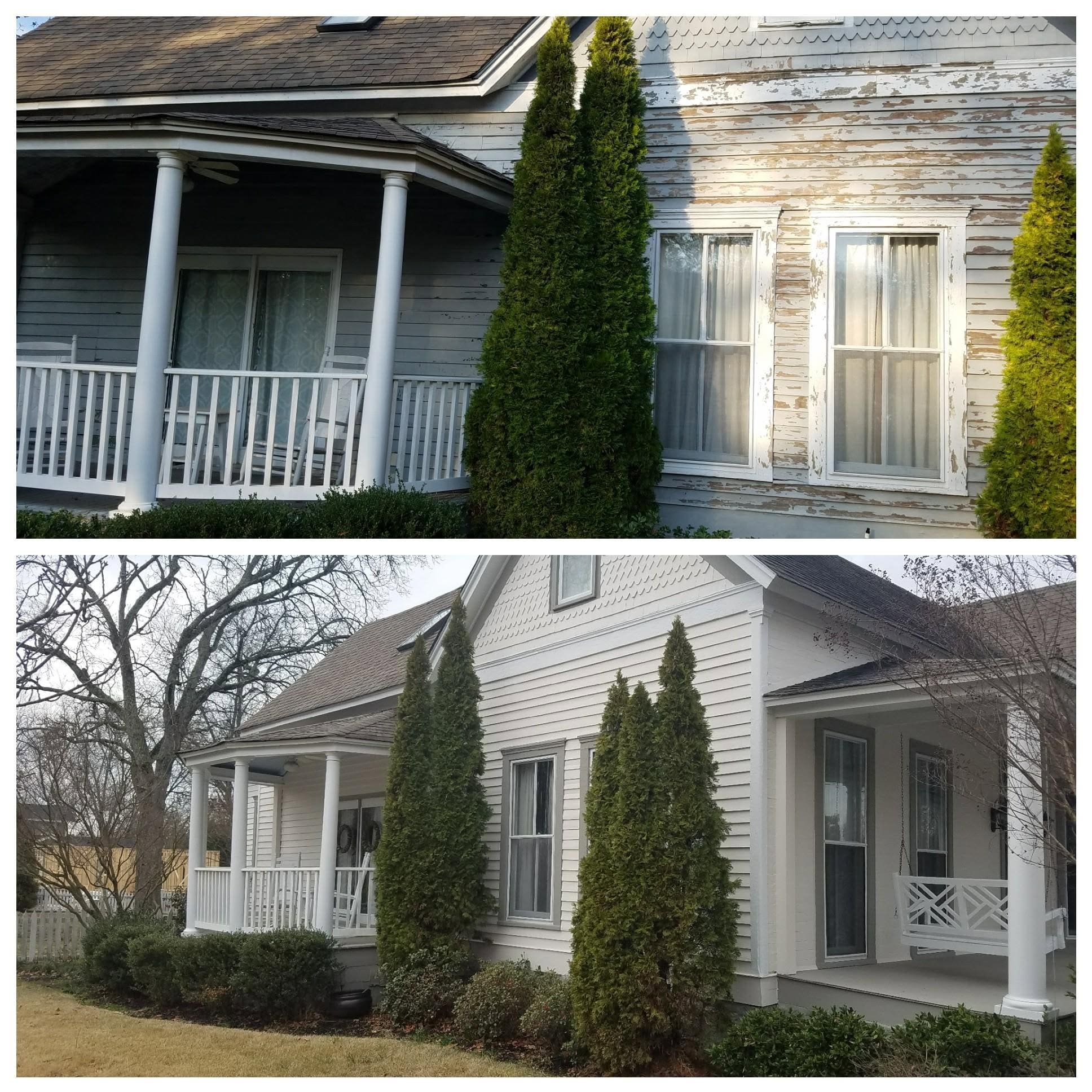 Porch and siding transformation, combined project comparison supplied by Pope's Painting