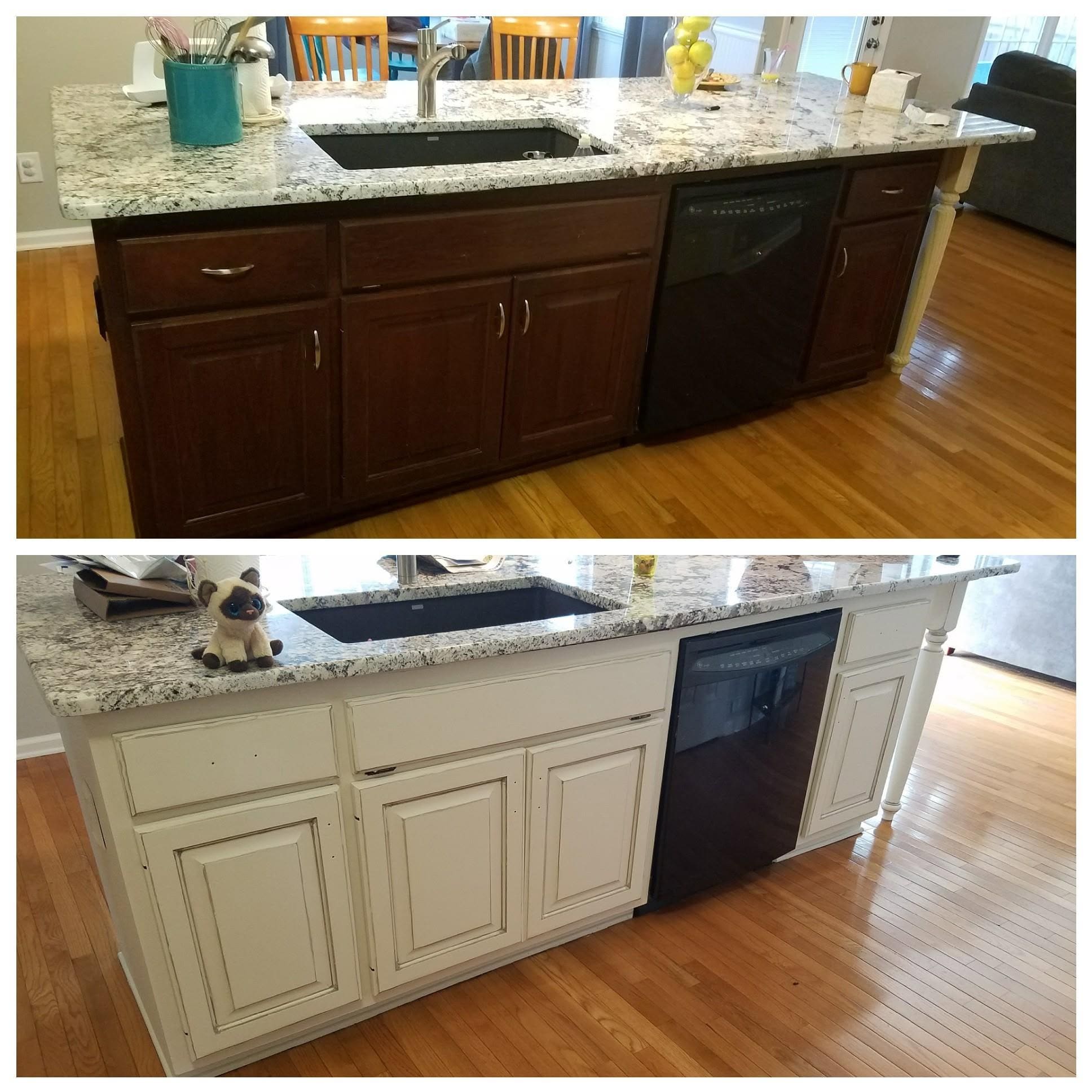 Lower kitchen cabinet transformation, combined project comparison supplied by Pope's Painting