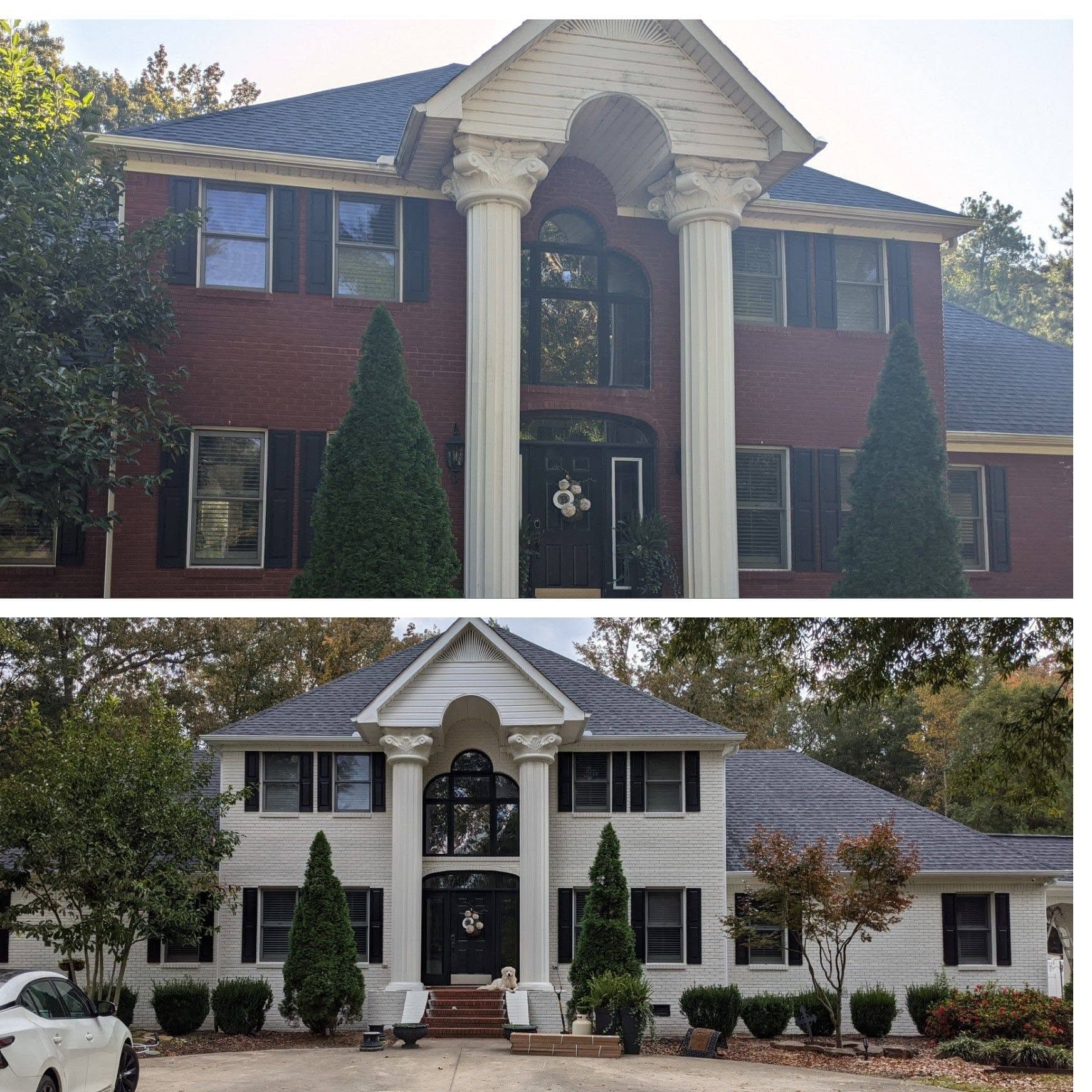 Brick exterior transformation, project comparison supplied by Pope's Painting