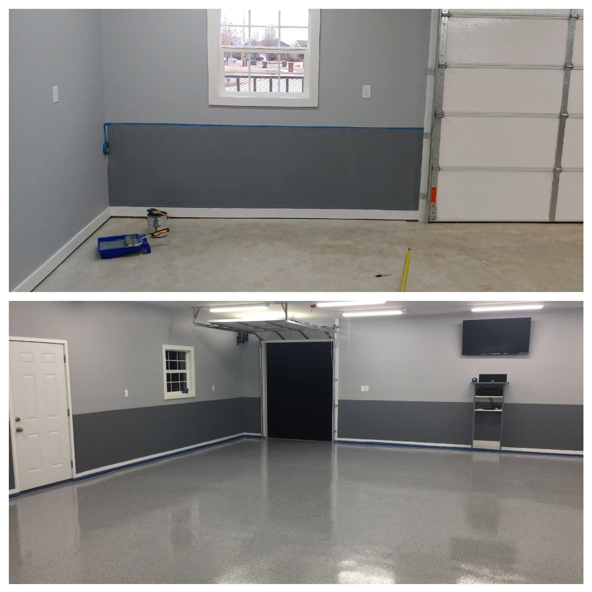 Garage interior, project comparison supplied by Pope's Painting