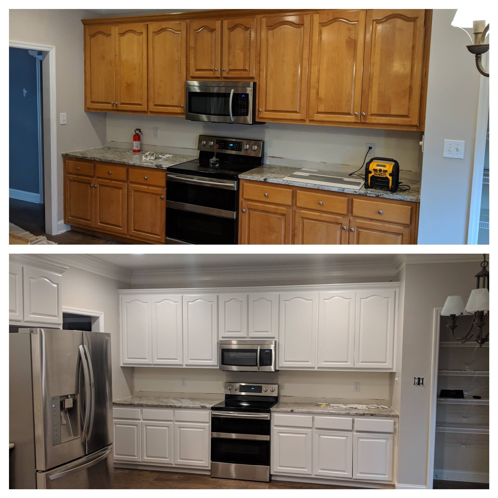 Kitchen cabinet transformation, project comparison supplied by Pope's Painting