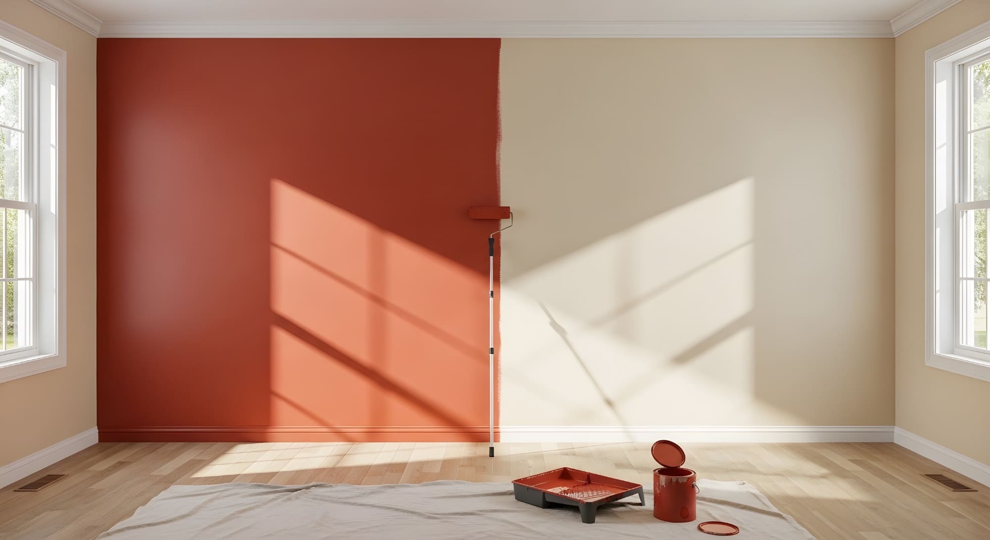 Sunlit room with a wall being painted terracotta, a roller, and paint supplies